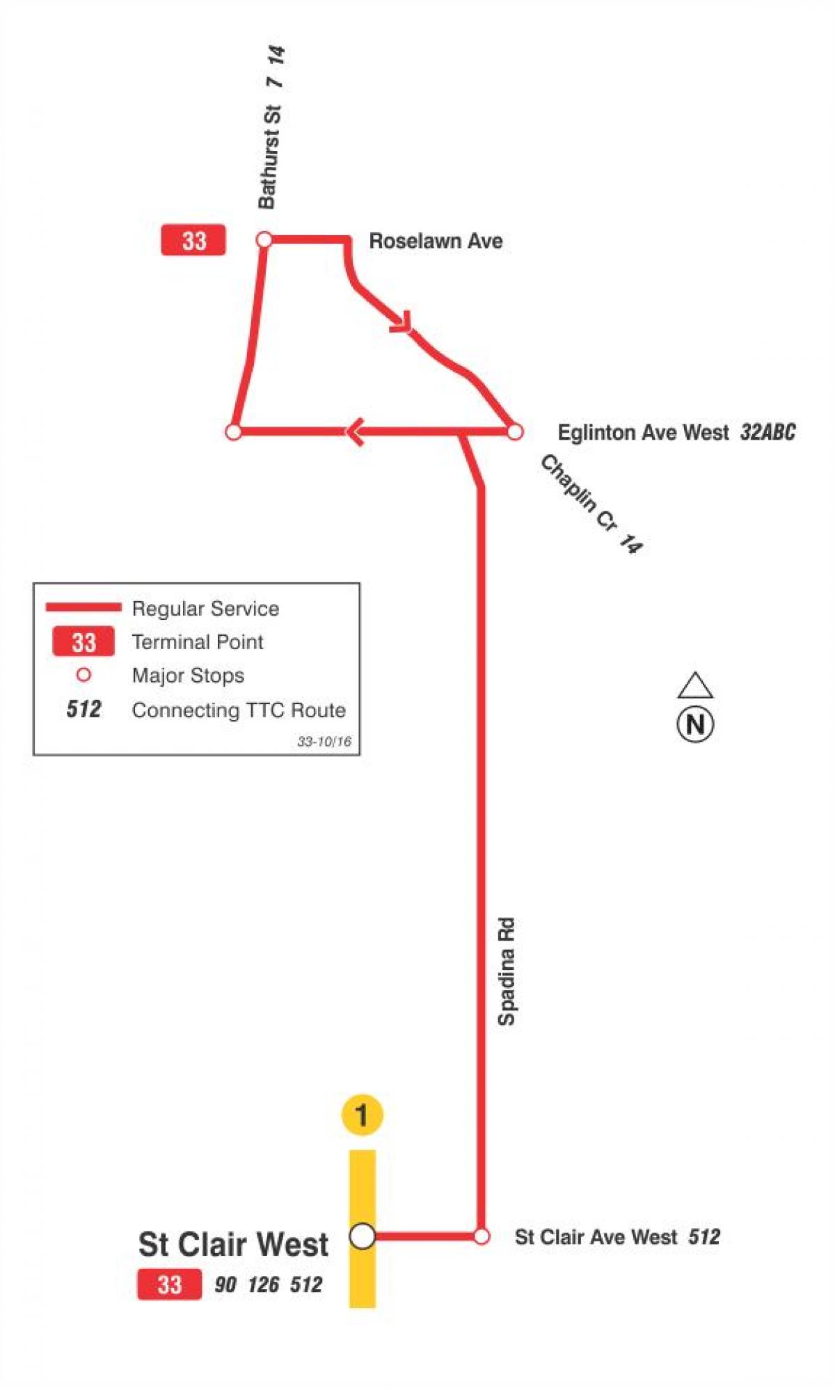 Kaart van TTC 33 Forest Hill bus roete Toronto