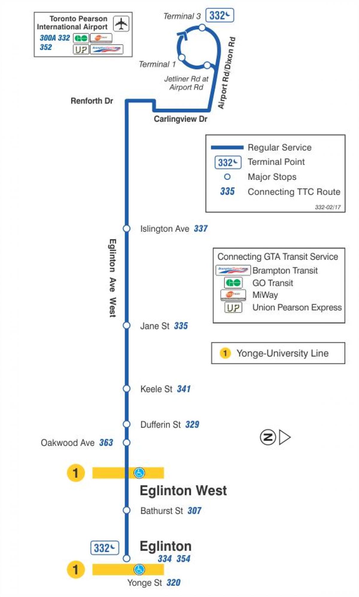 Kaart van TTC 332 Eglinton Wes-bus roete Toronto