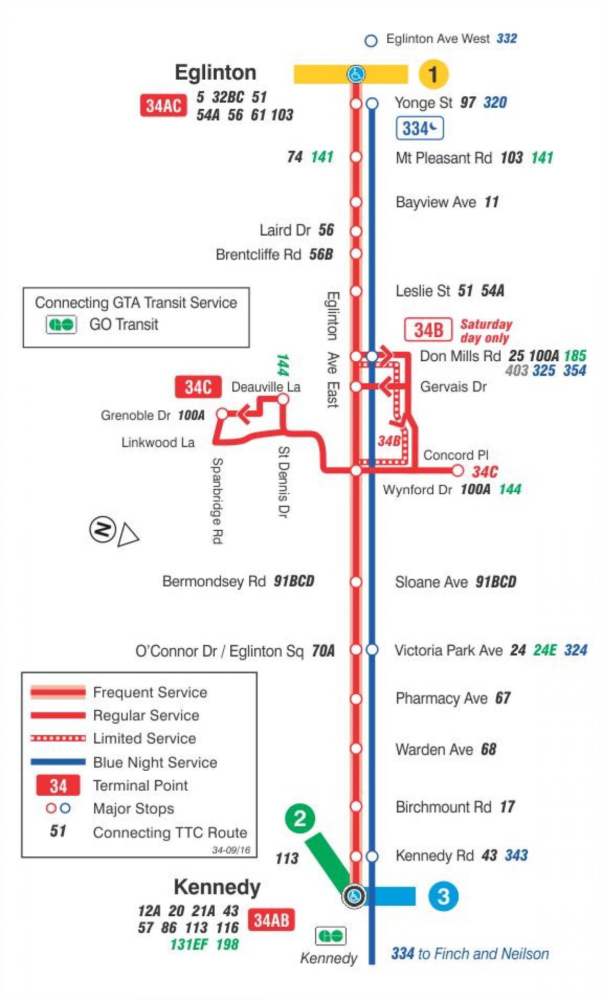 Kaart van TTC 34 Eglinton Ooste bus roete Toronto