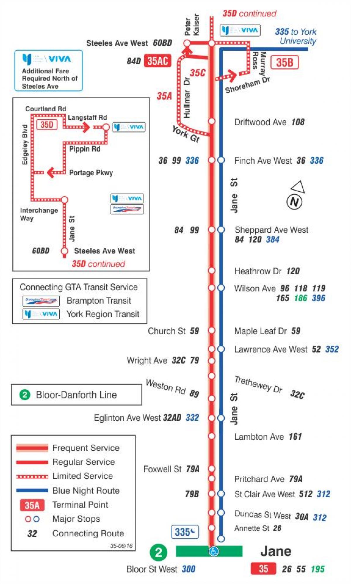 Kaart van TTC 35 Jane bus roete Toronto