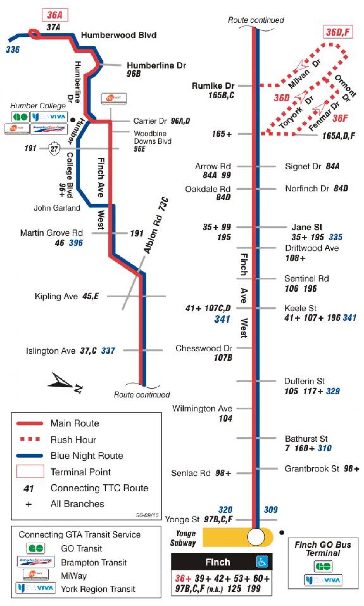 Kaart van TTC 36 Finch Wes-bus roete Toronto