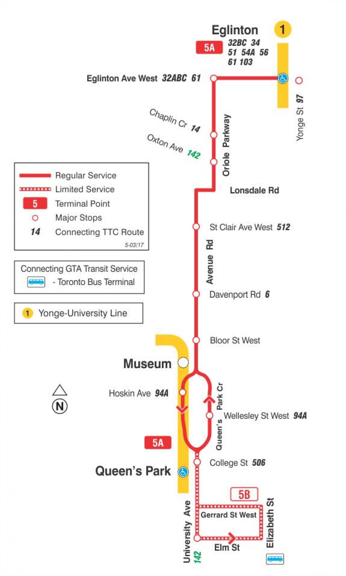 Kaart van TTC 5 Avenue Rd bus roete Toronto