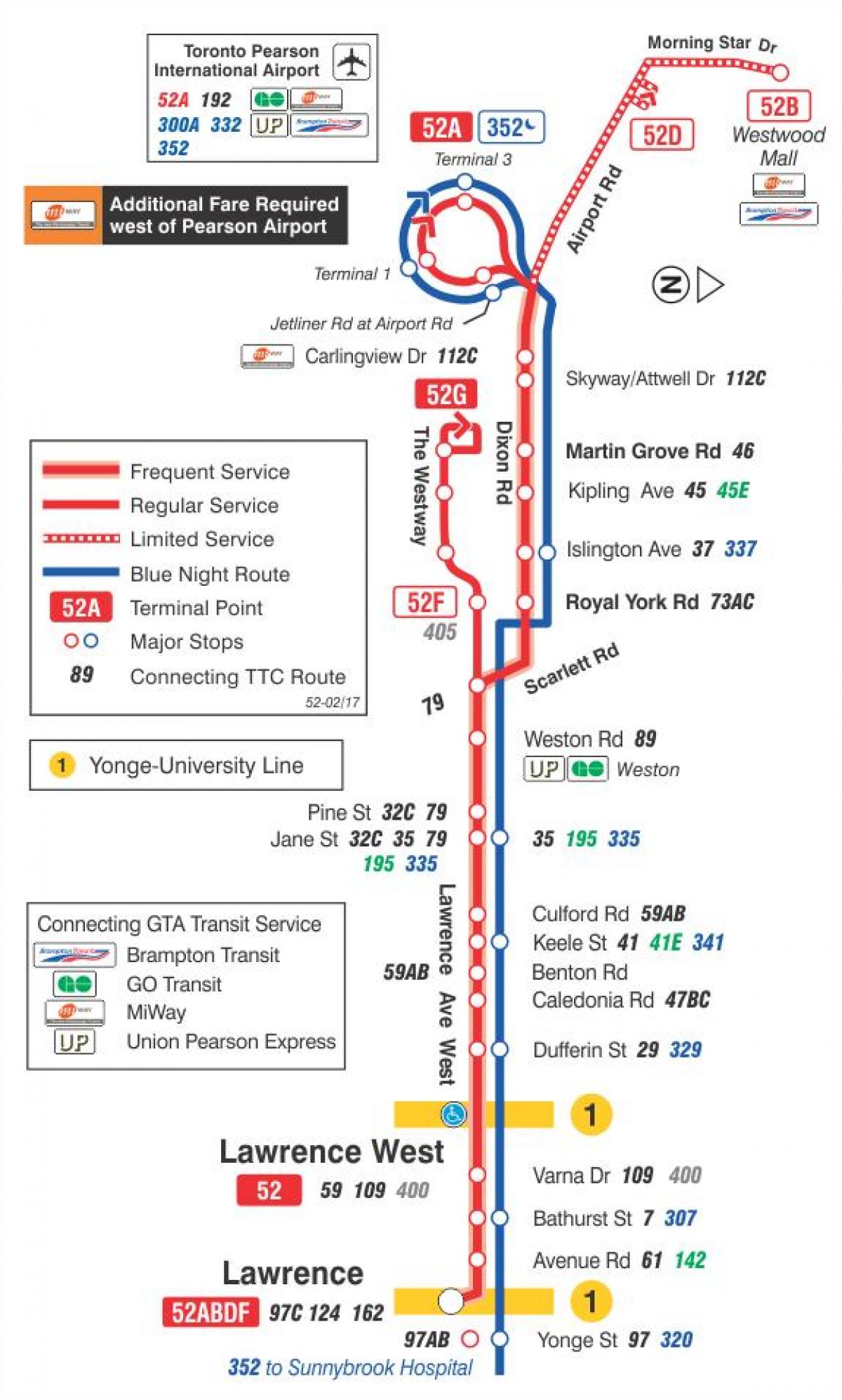 Kaart van TTC 52 Lawrence Wes-bus roete Toronto