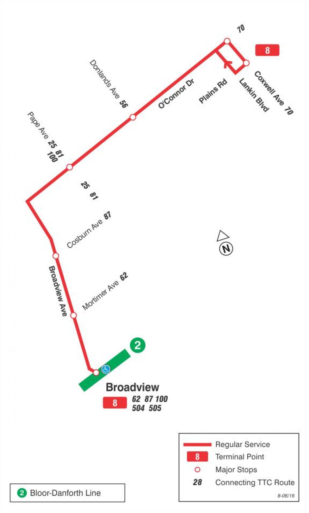 Kaart van TTC 8 Broadview bus roete Toronto