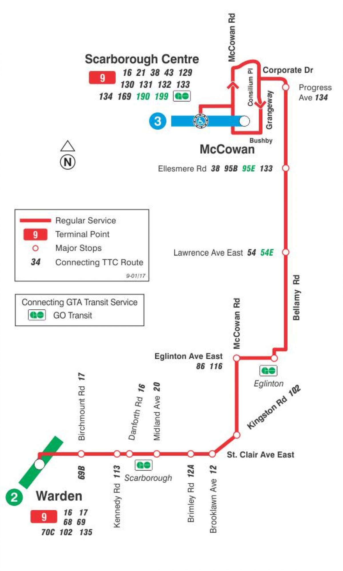 Kaart van TTC 9 Bellamy bus roete Toronto