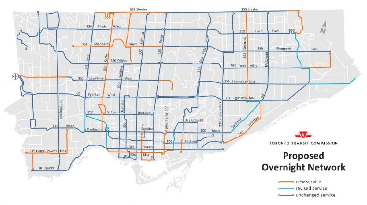 Kaart van TTC oornag netwerk Toronto