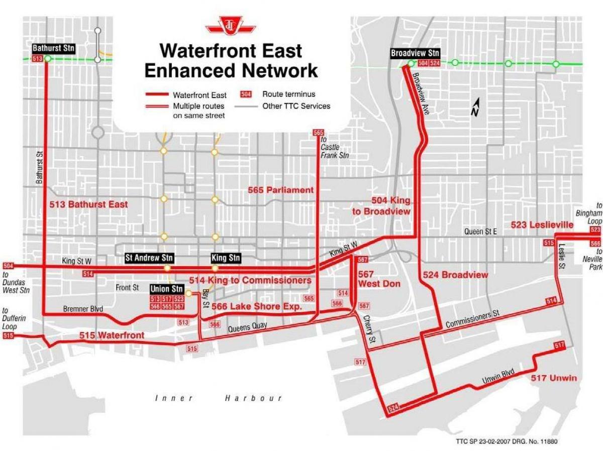 Kaart van die Waterfront-Ooste versterk netwerk Toronto