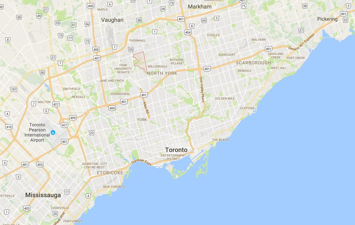 Kaart van die Westminster–Branson distrik Toronto