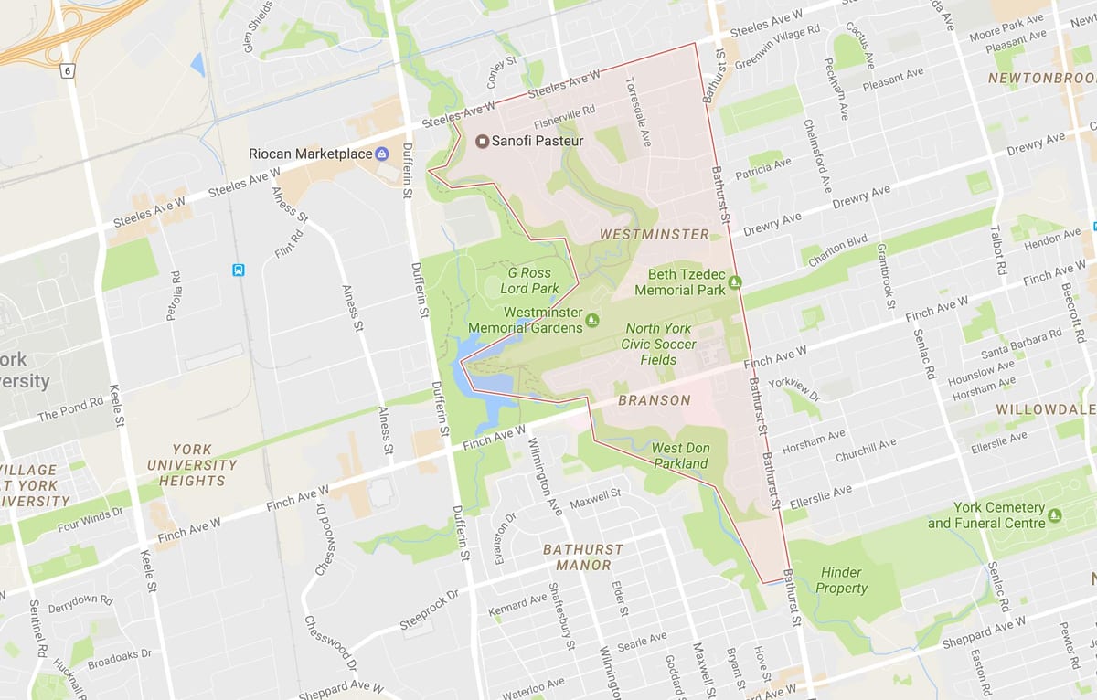 Kaart van die Westminster–Branson omgewing Toronto