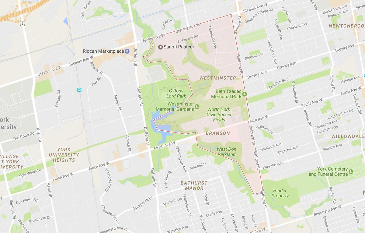 Kaart van die Westminster–Branson omgewing Toronto