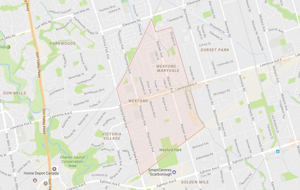 Kaart van die Wexford omgewing Toronto