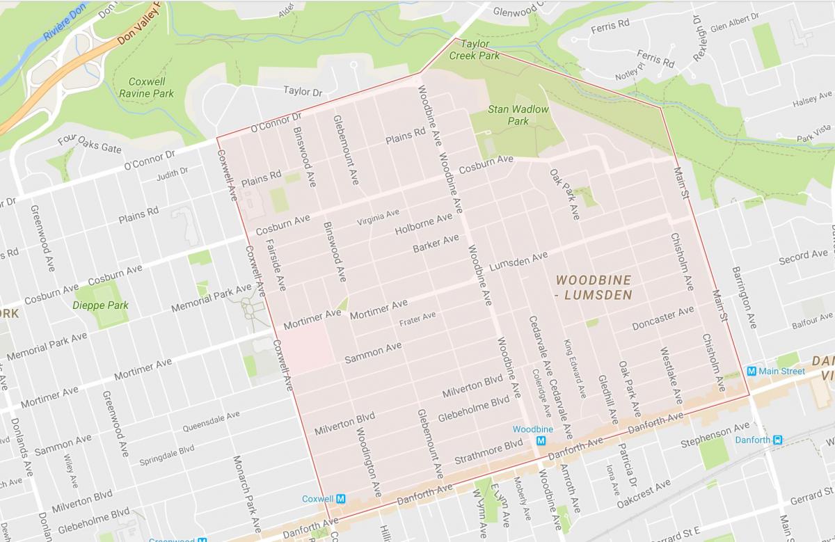 Kaart van Woodbine Hoogtes omgewing Toronto
