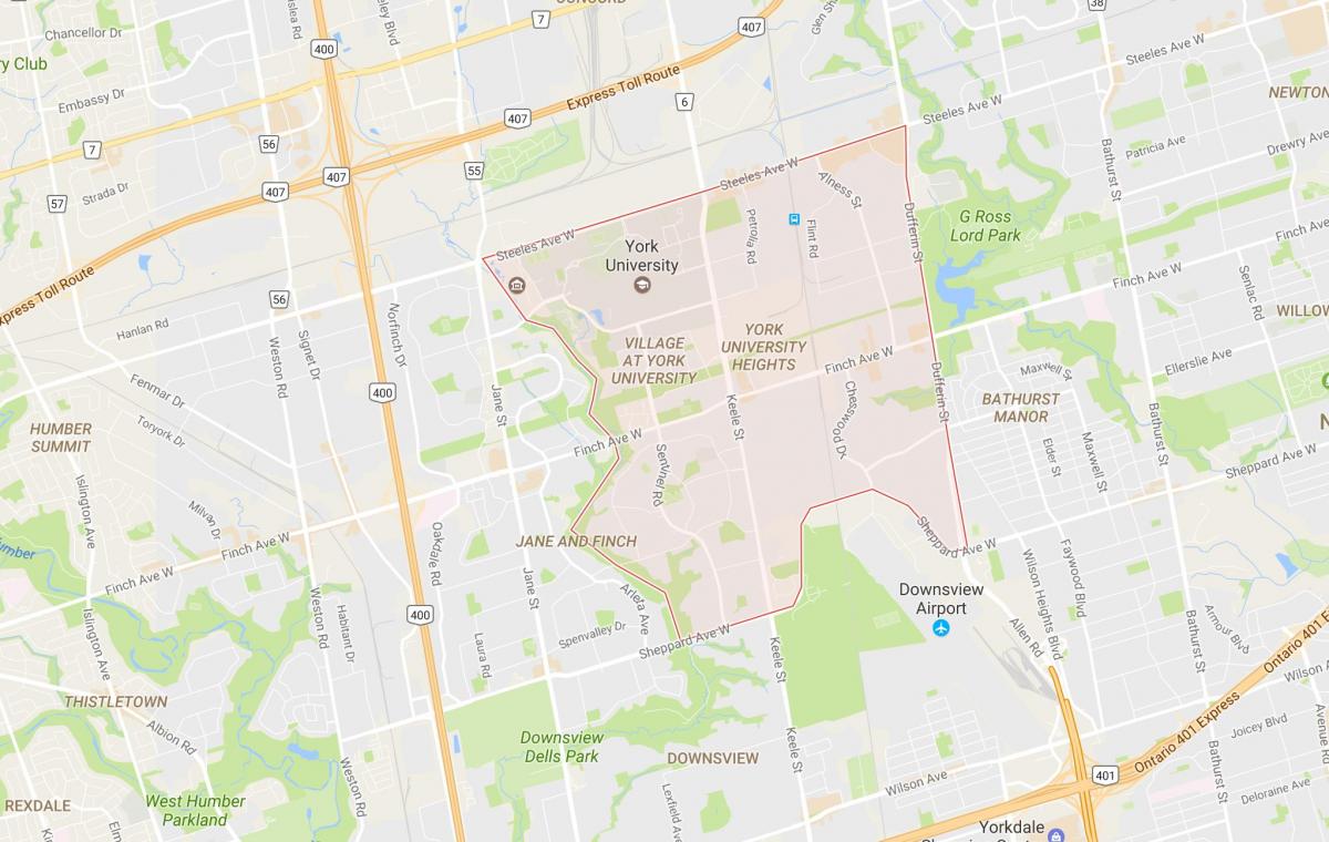 Kaart van die York Universiteit Hoogtes omgewing Toronto