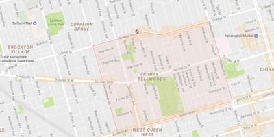 Kaart van die drie-Eenheid–Bellwoods omgewing Toronto