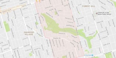 Kaart van die Humewood–Cedarvale omgewing Toronto