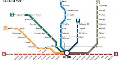 Kaart van Toronto treine Gaan Vervoer