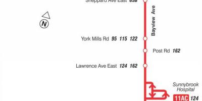 Kaart van TTC 11 Bayview bus roete Toronto