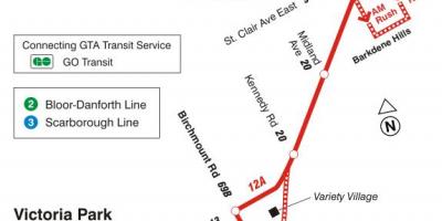 Kaart van TTC 12 Kingston Rd bus roete Toronto