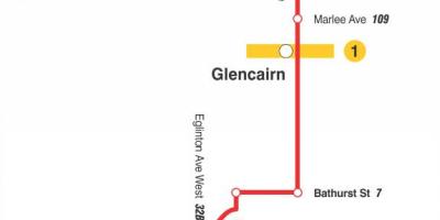Kaart van TTC 14 Glencairn bus roete Toronto
