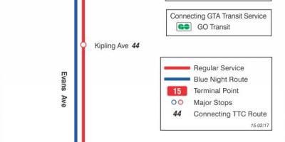 Kaart van TTC 15 Evans bus roete Toronto