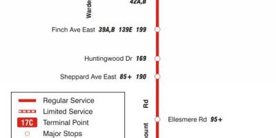 Kaart van TTC 17 Birchmount bus roete Toronto