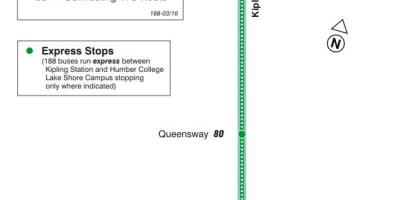 Kaart van TTC 188 Kipling Suid-Vuurpyl bus roete Toronto