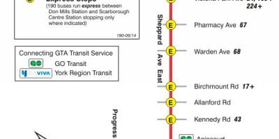 Kaart van TTC 190 Scarborough Sentrum Vuurpyl bus roete Toronto
