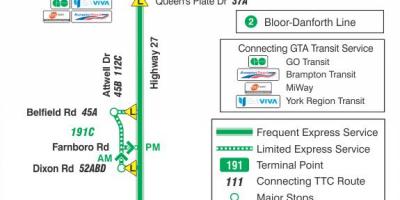 Kaart van TTC 191 Highway 27 Vuurpyl bus roete Toronto