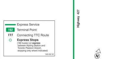 Kaart van TTC 192 Lughawe Vuurpyl bus roete Toronto