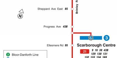 Kaart van TTC 21 Brimley bus roete Toronto