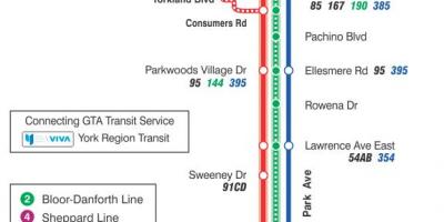 Kaart van TTC 24 Victoria Park bus roete Toronto