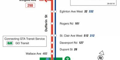 Kaart van TTC 29 Dufferin bus roete Toronto