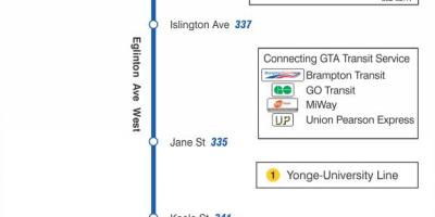 Kaart van TTC 332 Eglinton Wes-bus roete Toronto