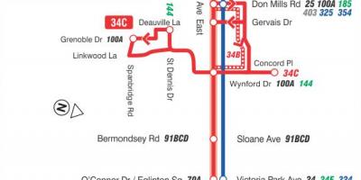 Kaart van TTC 34 Eglinton Ooste bus roete Toronto