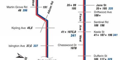 Kaart van TTC 36 Finch Wes-bus roete Toronto