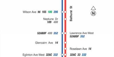 Kaart van TTC 7 Bathurst bus roete Toronto