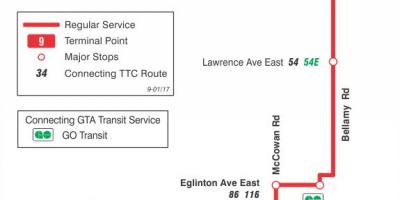 Kaart van TTC 9 Bellamy bus roete Toronto