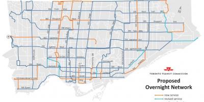 Kaart van TTC oornag netwerk Toronto
