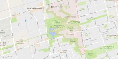Kaart van die Westminster–Branson omgewing Toronto